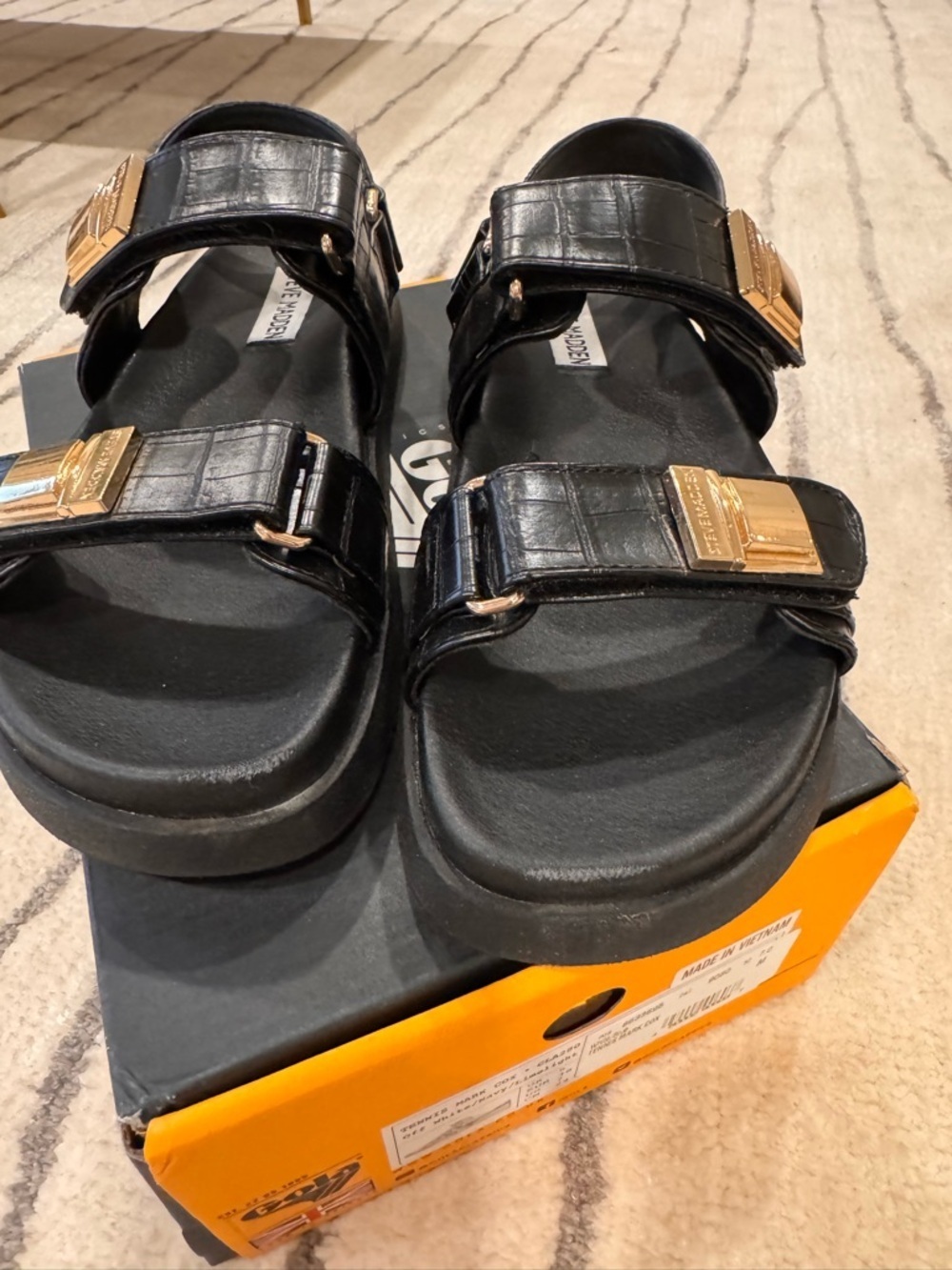 Steve Madden Black Croc-Embossed Double-Strap Sandals with Gold Buckles - Picture 5 of 6